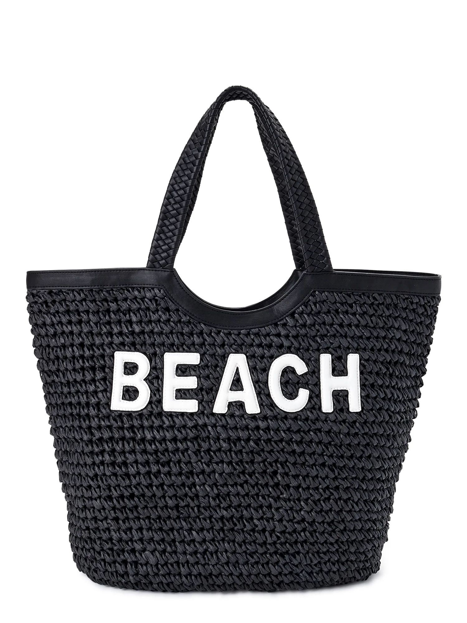 Time and Tru Women's Extra Large Woven Straw Beach Travel Tote Bag | Walmart (US)