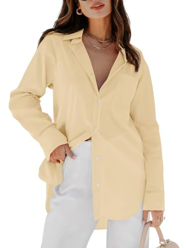 siliteelon Womens Button Down Shirts Dress Shirts Long Sleeve Blouses Wrinkle Free Solid Tunics Tops with Pockets - Yellow 2XL | Amazon (US)