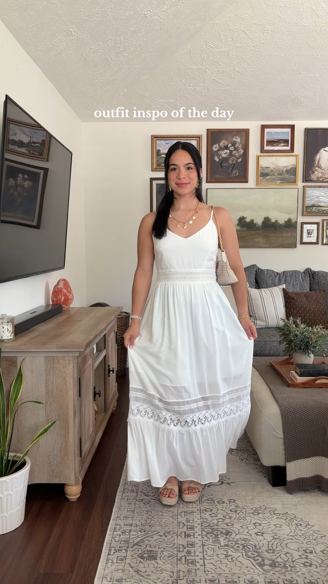 dressed for the forecast ☀️ wearing the dress in a medium // cupshe discount code IGJESSI15 ✨ maxi dress, white maxi dress, white summer dress, summer outfit, summer dress, casual summer outfit, feminine outfit, effortless outfit, elegant summer outfit, neutral outfit, white dress outfit, sundress, spaghetti strap dress, flowy maxi dress, romantic outfit, classic outfit, timeless style, vacation outfit, vacation dress, resort wear, brunch outfit, date night outfit, spring outfit, warm weather outfit, everyday dress, modest summer outfit, cottagecore outfit, coastal style, neutral summer outfit, beige accessories, straw bag, woven bag, sandals outfit, gold jewelry, feminine summer style, chic summer outfit, wedding guest dress, garden party outfit, summer fashion, LTK outfit, LTK fashion, outfit inspiration, cupshe dress  

 #LTKCon #LTKgrwm #LTKootd