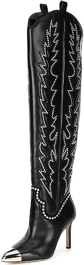 Sparkly Boots for Women, Rhinestone Over Knee Boots Embroidery Pointed Toe Pull On Stiletto Heele... | Amazon (US)