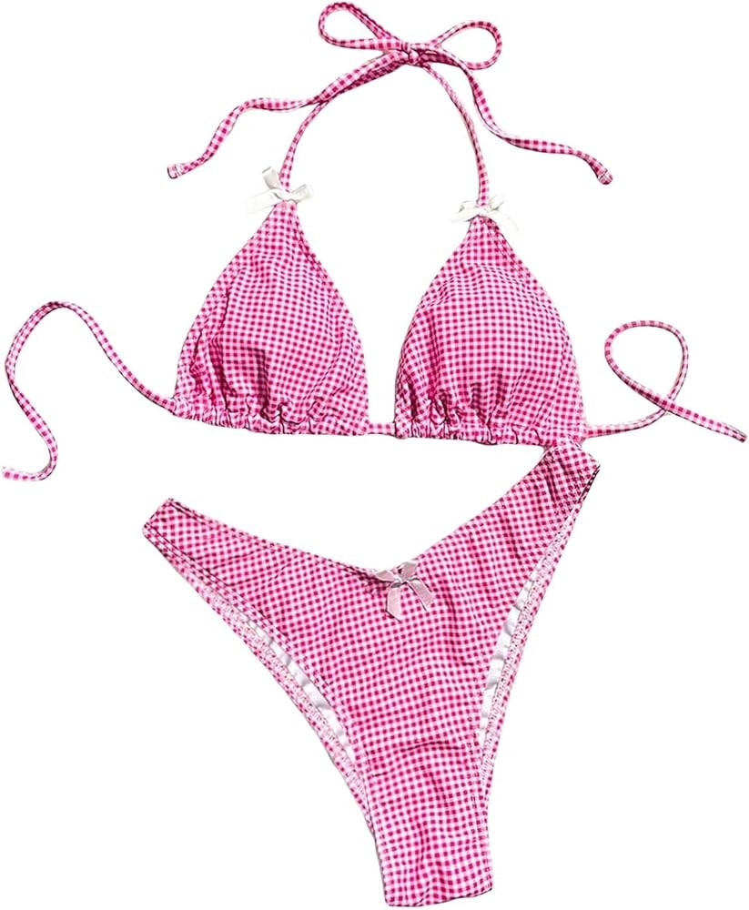 Women's Plaid Gingham Bathing Suit High Waisted Halter Triangle Swimsuit Bikini Set | Amazon (US)