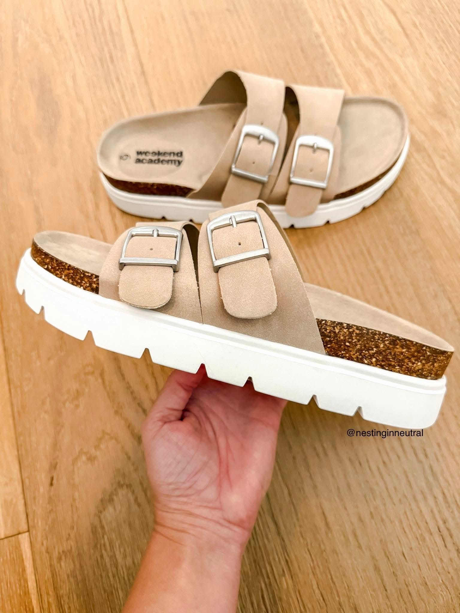 Look for less! These remind me so much of the trendy BIRKS chunky sandal but the price is WAY better! 

Kids sizes - size down 2 sizes from your regular women’s size

Sandals,white,tan,buckle 

#LTKSwim #LTKTravel #LTKSeasonal
