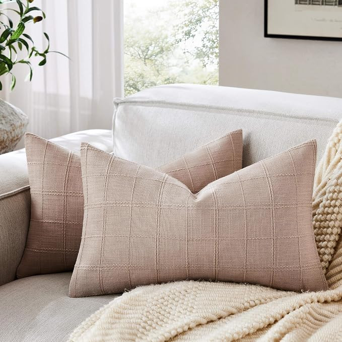 ZeeMart Linen Checked Lumbar Throw Pillow Covers Set of 2, 12x20 Inch Allover Grid Taupe, Farmhou... | Amazon (US)