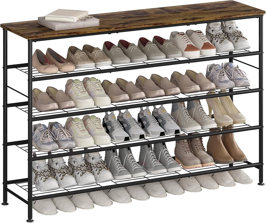 SUOERNUO Shoe Rack 5 Tier Shoe Storage Organizer Metal Mesh Shelves with MDF Top Board for Entryw... | Amazon (US)