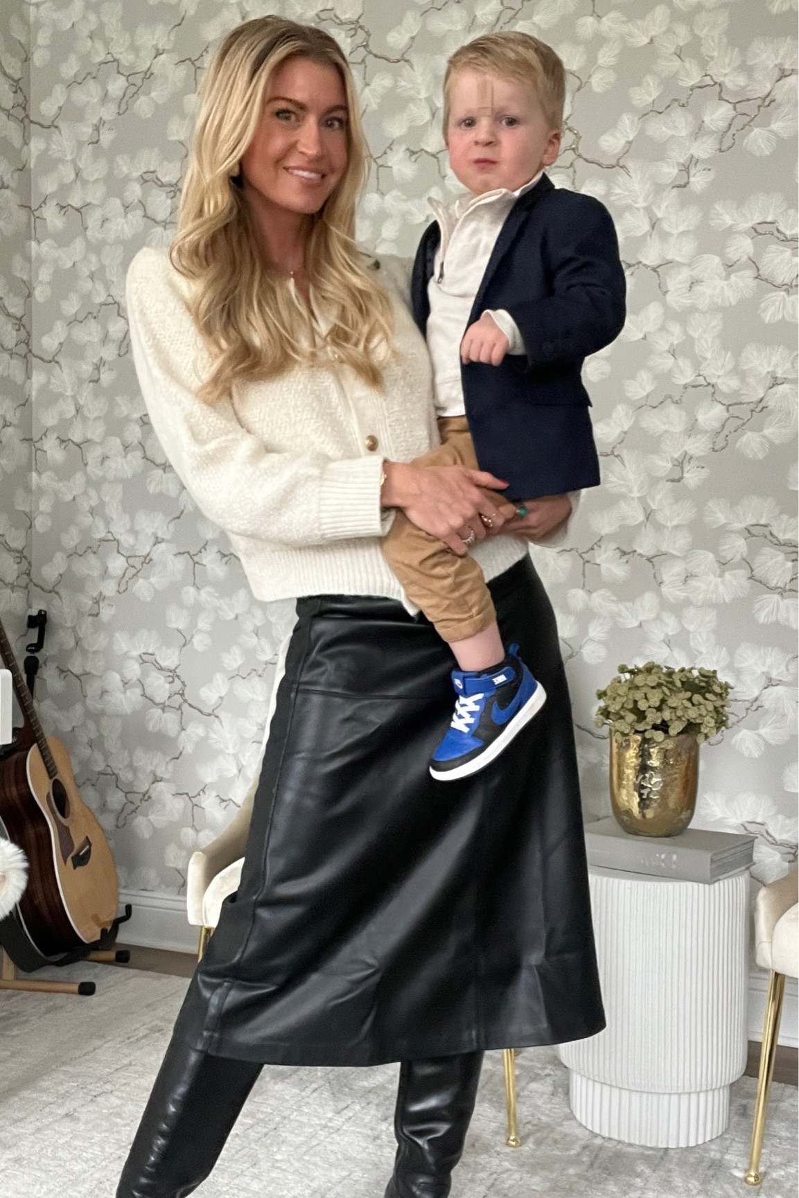 Spring cardigan, black leather skirt, black boots 

#LTKSeasonal