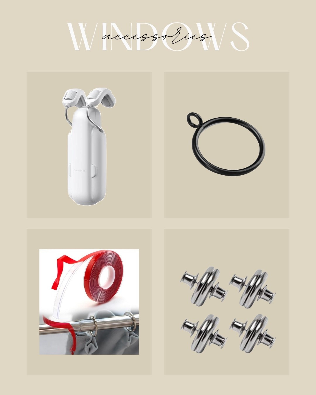 All your window covering accessories here!

Motorize any curtains in your home with this cool curtain gadget. It literally motorizes your curtain panels and you can set them on a timer! 

Link your curtain panels with magnets, so you never have to pull individual curtain panels again

These curtain rings are my favorite and they look luxury

Curtain rod tape is essential so your drapes don’t get stuck while you’re trying to pull them shut (or have your motorized gadget stuck)

Curtain accessories 

#LTKHome #LTKOver40 #LTKFindsUnder50