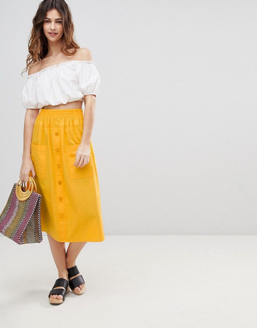 ASOS DESIGN cotton midi skirt with button front - Yellow | ASOS US