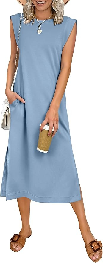 ANRABESS Womens Summer Casual Midi Dress Sleeveless Crewneck Loose Split Wrinkle-Free Beach Trave... | Amazon (US)