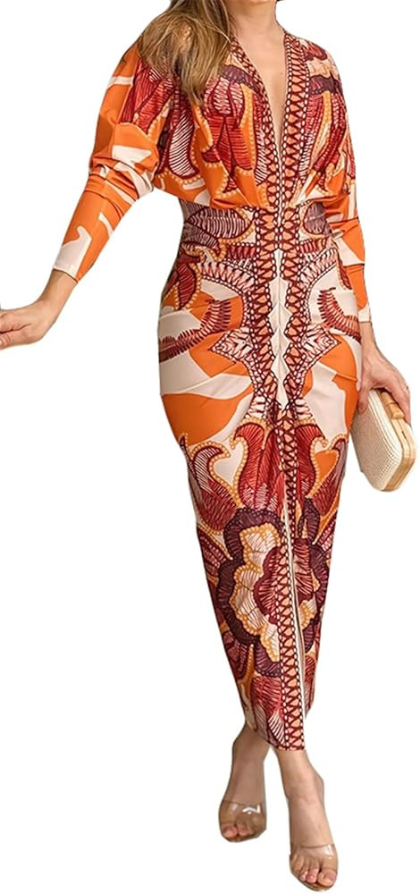 Qikaka Women's Long Sleeve Deep V Neck Printed Ruched Ruffles Bodycon Sexy Nightclub Party Dress | Amazon (US)