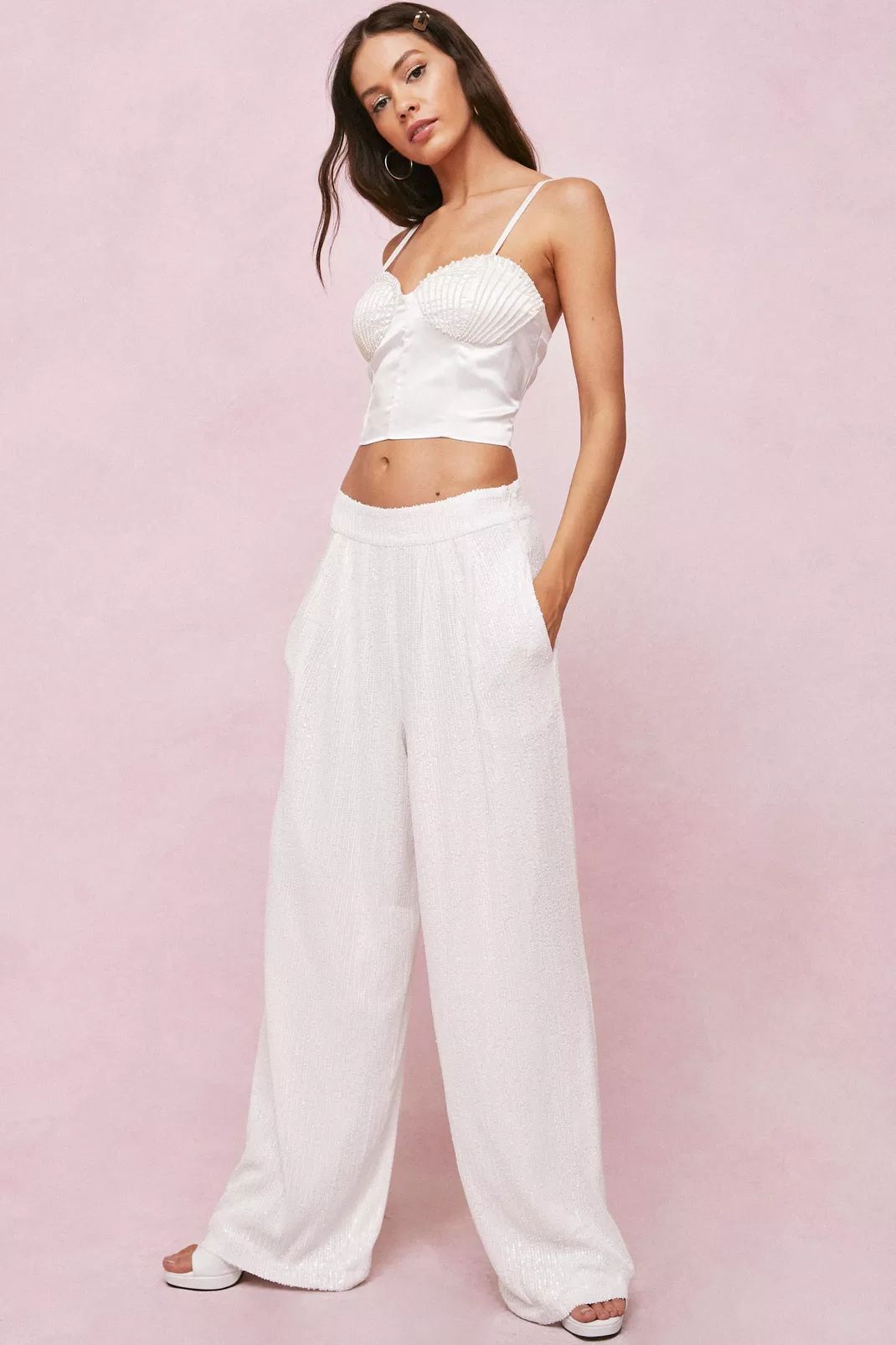 Sequin Detail High Waisted Wide Leg Pants | Nasty Gal (US)