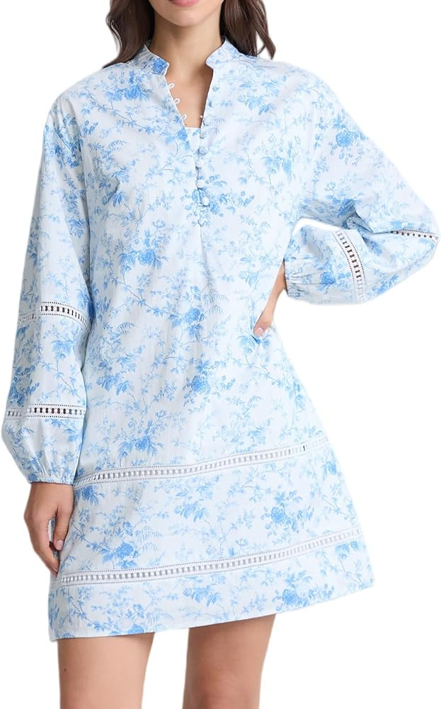 Women Floral Mini Dress Puff Long Sleeve Stand Collar Casual A Line Shift Short Dress | Amazon (US)