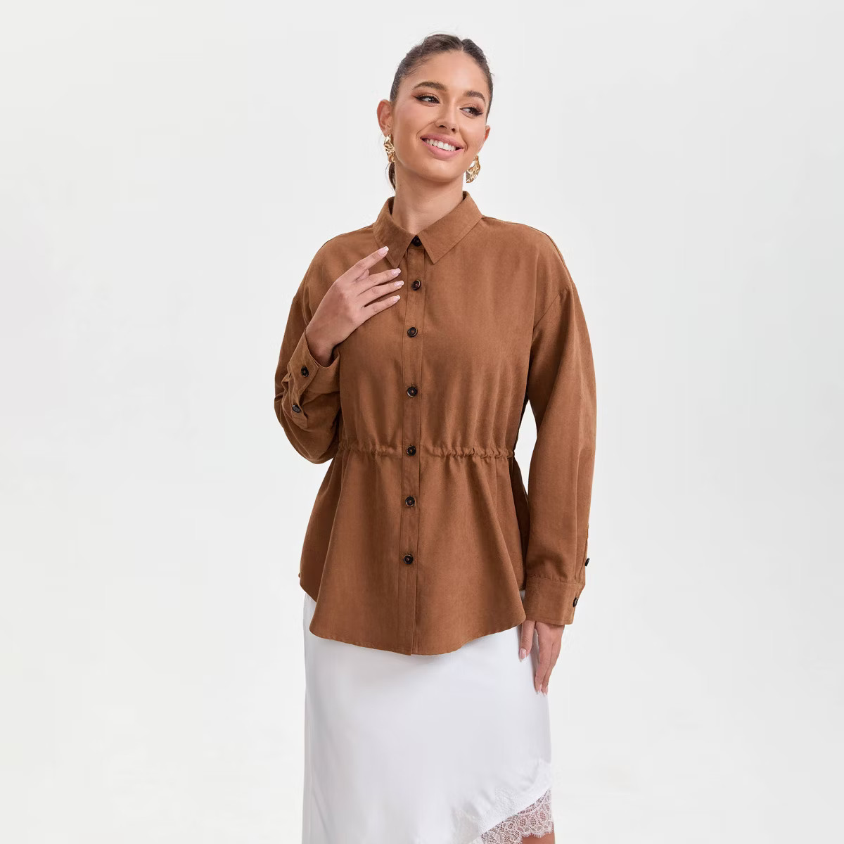 Women's Long Sleeve Collared Drawstring Button-Down Shirt - A New Day™ Brown | Target