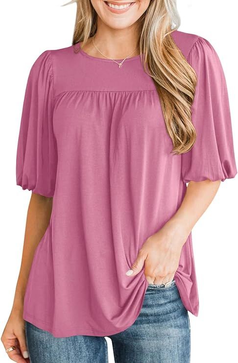 Tankaneo Womens Summer Casual Tunic Tops Half Sleeve Crew Neck T-Shirts Knit Blouses Basic Tees | Amazon (US)