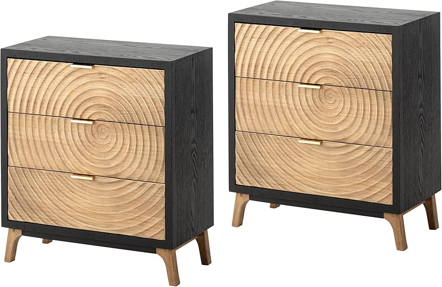 3-Drawer Farmhouse Dresser Set of 2 with Handcrafted Wood Ring Motif, Black Nightstand for Bedroo... | Amazon (US)