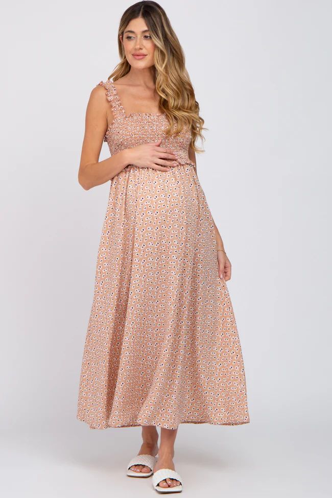 Taupe Floral Smocked Sleeveless Maternity Maxi Dress | PinkBlush Maternity