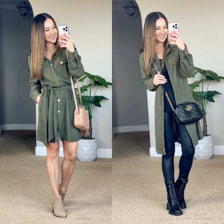 Amazon Corduroy dress shacket jacket with pockets perfect for petites size small in army green.  Perfect for the office or for teachers and it's great as a second layer.  Faux leather leggings xs, tanks xs, initial necklace set is so pretty.  linked exact & similar bags and from Amazon. Exact boots sold  out

#LTKsalealert #LTKunder50 #LTKstyletip