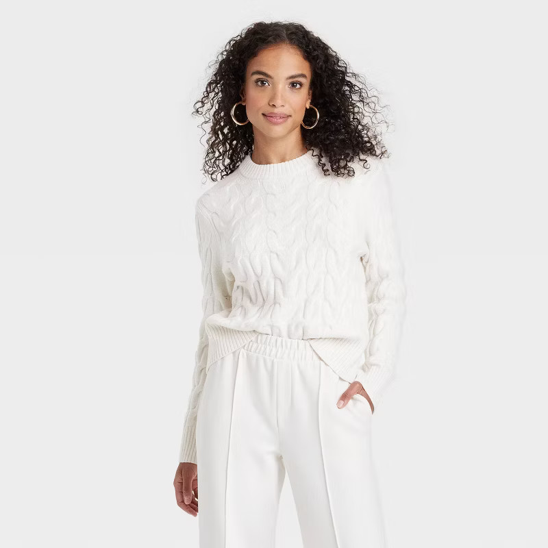Women's Cable Crewneck Pullover Sweater - A New Day™ Oatmeal S | Target