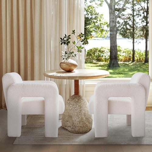 Yoglad Modern Accent Chair Set of 2, Bouclé Fabric Upholstered Armchair, Comfy Single Chair for Living Room Lounge Bedroom Office-Beige | Amazon (US)