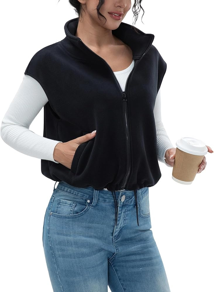 Women's Full Zip Fleece Short Vest Warm Winter Sleeveless Stand Collar Sherpa Crop Coat | Amazon (US)