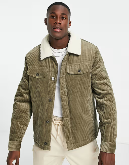 Topman corduroy jacket with teddy collar in olive | ASOS (Global)
