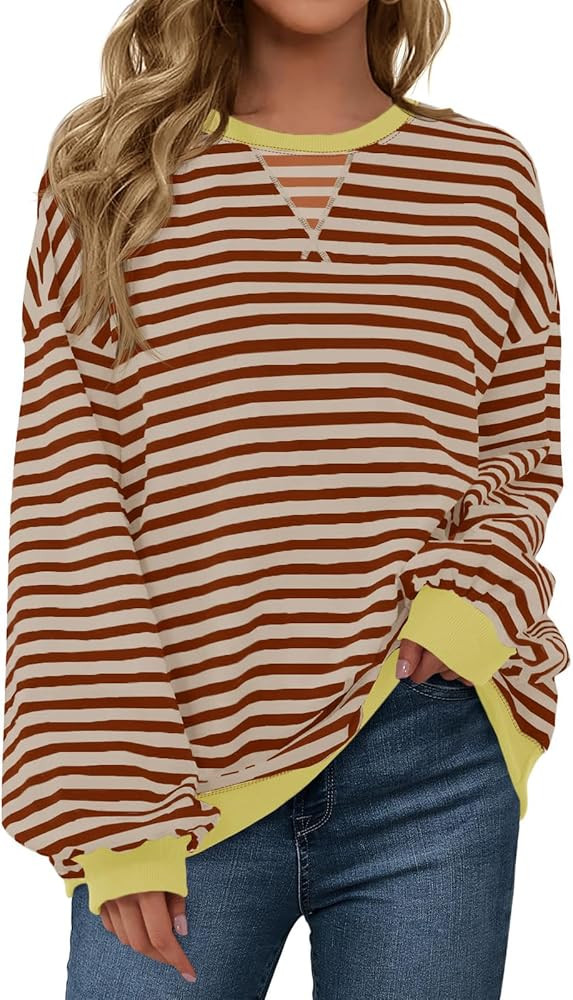 Fisoew Womens Striped Oversized Sweatshirt Color Block Crew Neck Long Sleeve Shirt Casual Loose P... | Amazon (US)