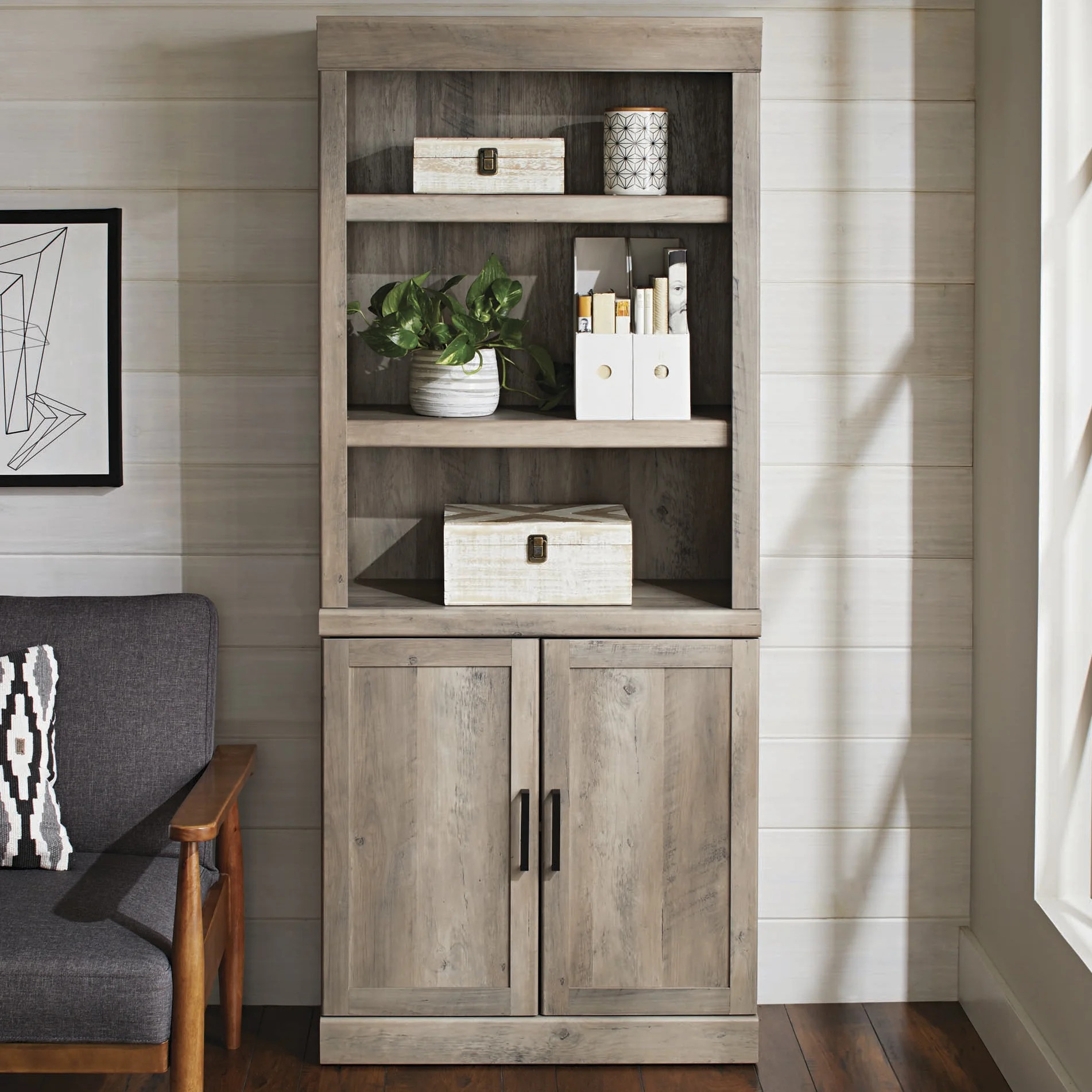 Better Homes & Gardens Glendale 5 Shelf Bookcase with Doors, Rustic Gray Finish | Walmart (US)