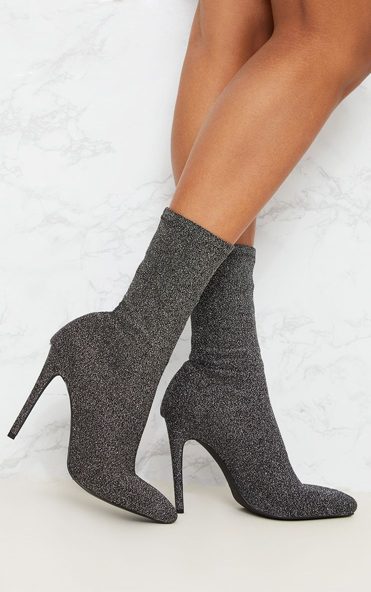 Black Glitter Sock Pointy Boots | PrettyLittleThing US