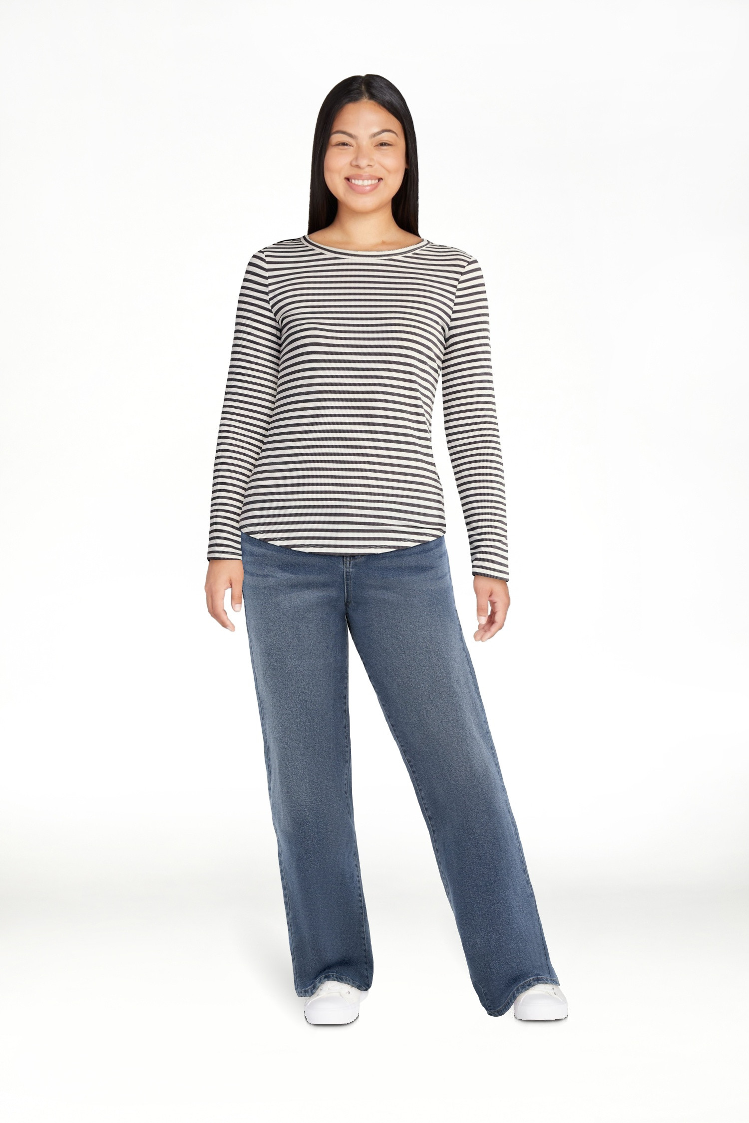 No Boundaries Ribbed Crewneck Tee with Long Sleeves, Women's | Walmart (US)