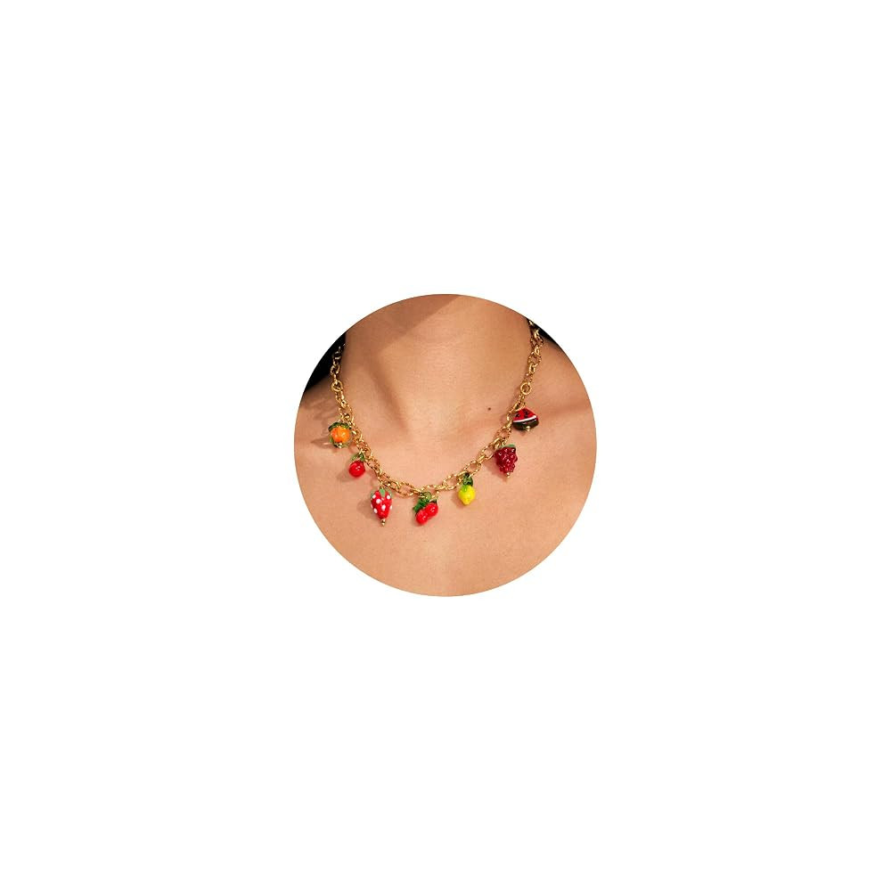 Charm Necklace for Women: Gold Chunky Paperclip Chain Fruit Jewelry with Strawberry Cherry Lemon ... | Amazon (US)