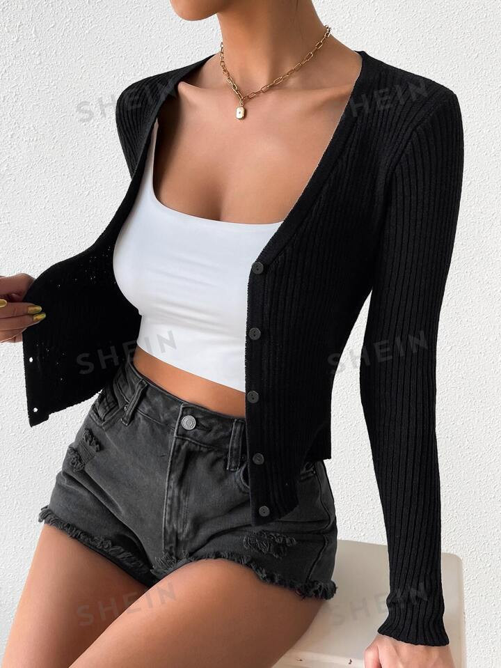 SHEIN Frenchy Ribbed Knit Button Front Cardigan | SHEIN
