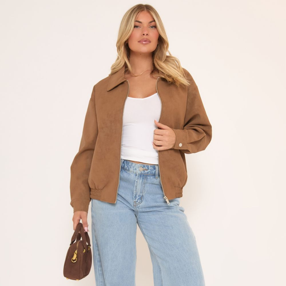 Long Sleeve Zip Up Bomber Jacket In Light Brown Faux Leather | EGO (UK)