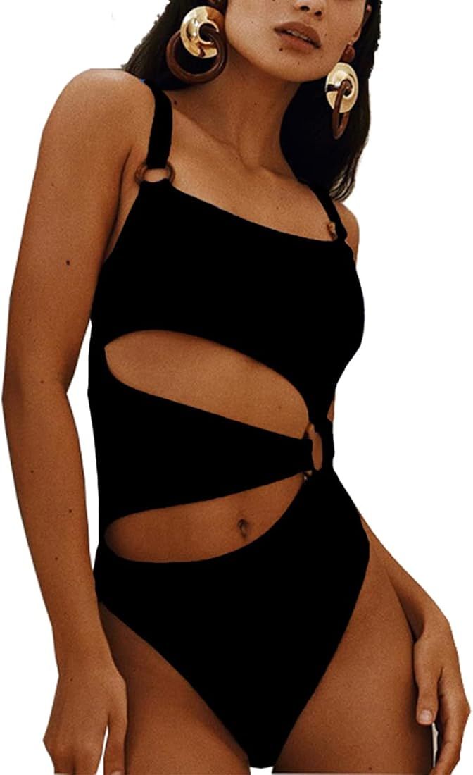 YIMISAN Women's One Piece Swimsuit Ring Cut Out Front High Cut Cheeky Bathing Suit Monokini Swimw... | Amazon (US)