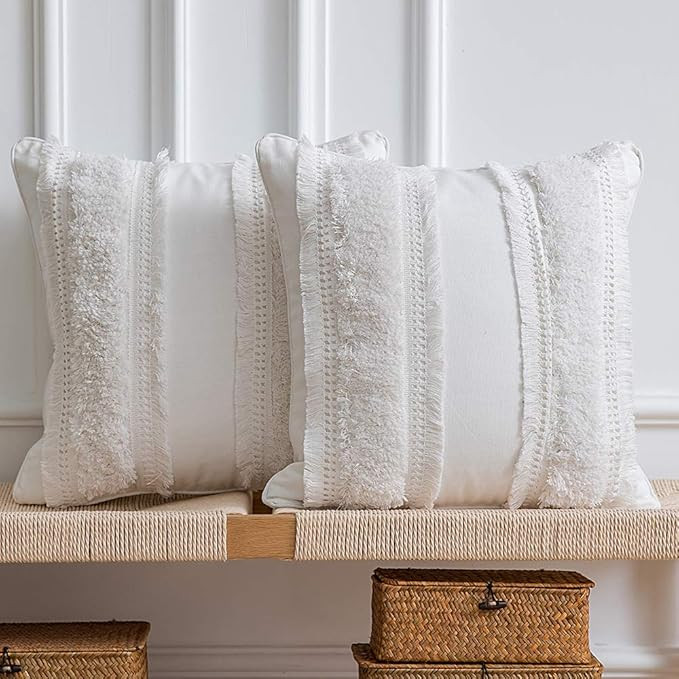 DEZENE Boho Throw Pillow Covers: 2 Pack 100% Cotton Woven Tufted Decorative Square Pillowcases fo... | Amazon (US)