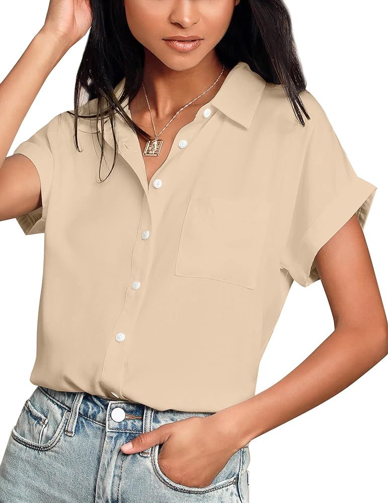 Hotouch Women Shirts Short Sleeve Button Down Up V-Neck Casual Loose Shirts Blouse | Amazon (US)