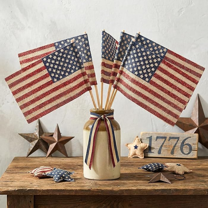 4th of July Decorations, 6 Pcs Rustic Burlap Handmade American Flag Picks, Vintage Red White Blue... | Amazon (US)