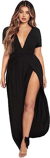 SheIn Women's Split Thigh Short Sleeve Maxi Dress Deep V Neck Flowy Long Dresses | Amazon (US)