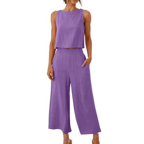 Linen Sets For Women 2 Piece Trendy Sleeveless Crop Top Wide Leg Pants Lounge Summer Outfits Beach Travel Set Purple 2 piece sets for women S | Amazon (US)