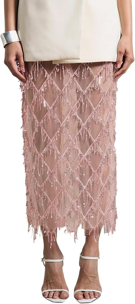MakeMeChic Women's Sequin Fringe Midi Pencil Skirts Mesh Sheer Sparkly | Amazon (US)