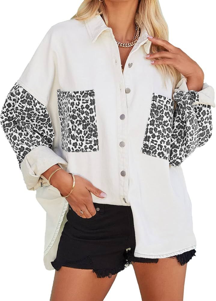 Sidefeel Women Long Sleeve Colorblock Contrast Leopard Denim Jacket 2XL White | Amazon (US)