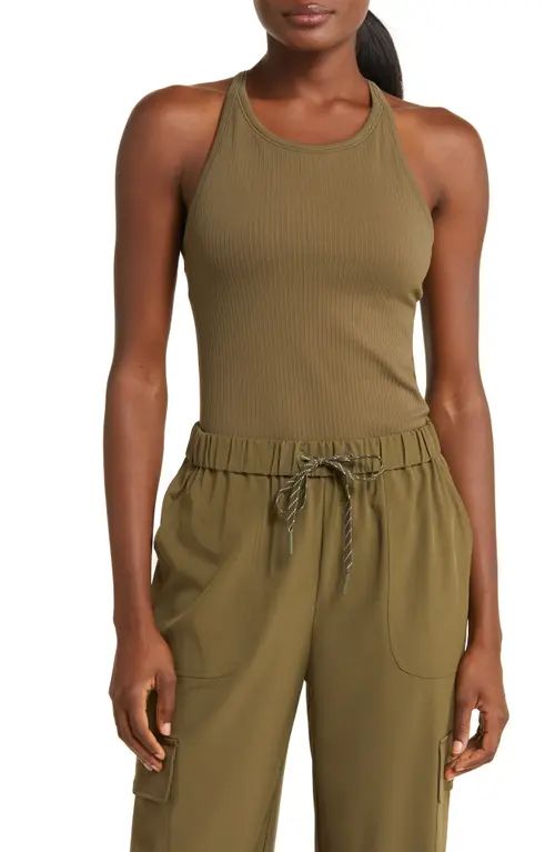 zella Pure Seamless Ribbed Racerback Tank Top in Olive Night at Nordstrom, Size Small | Nordstrom