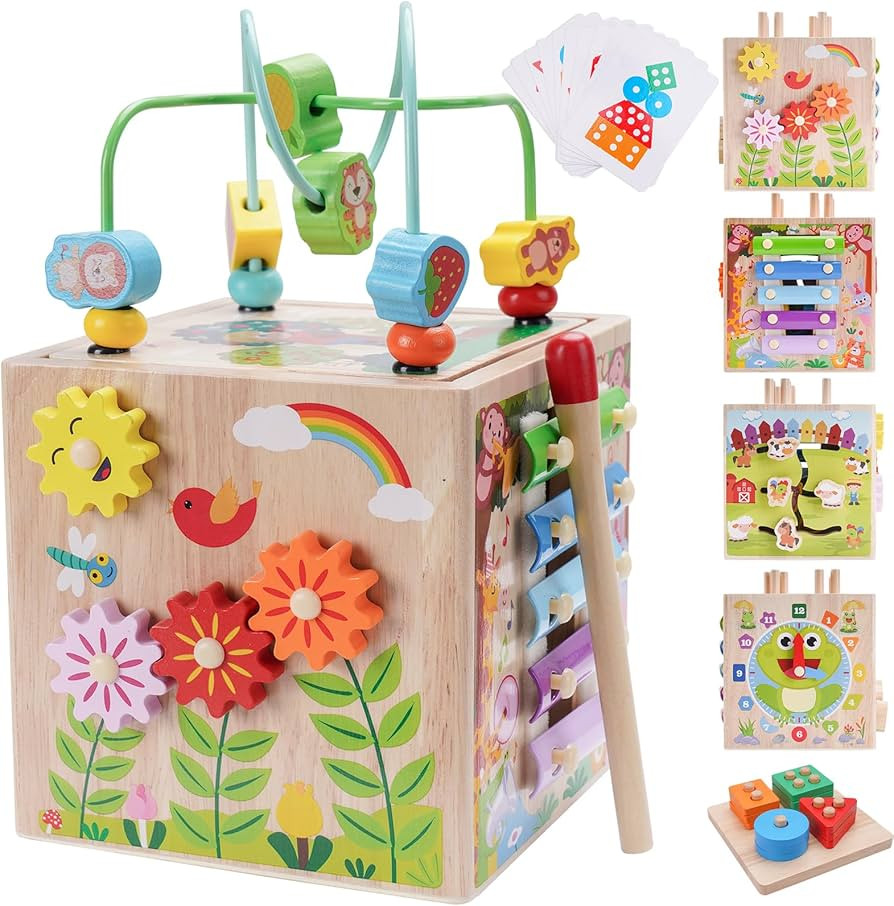 Wooden Activity Cube | Montessori Toys for 1 2 3 Year Old Toddlers | One Year Old 1st First Birth... | Amazon (US)