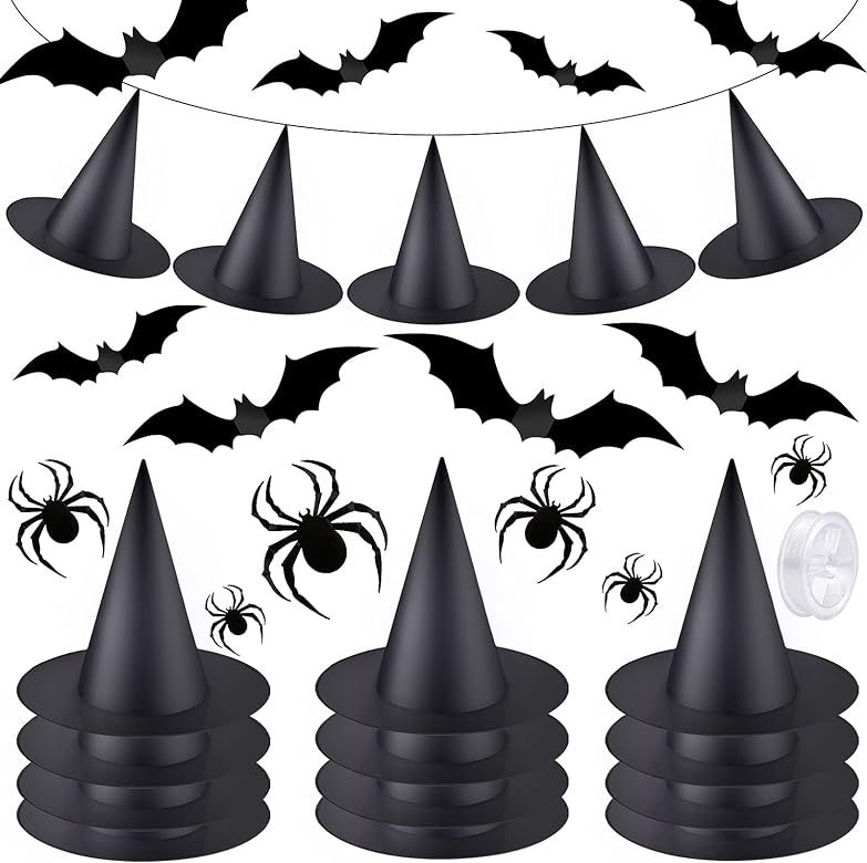 12PCS Black Halloween Witch Hat with 3D Spider Bat Wall Decal Stickers 100 Yards Hanging Rope, Wi... | Amazon (US)