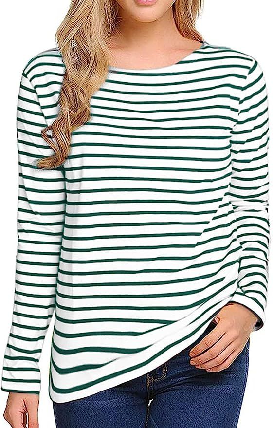 Women's Long Sleeve Striped T-Shirt Tee Shirt Tops Slim Fit Blouses(Medium, Green White) at Amazo... | Amazon (US)
