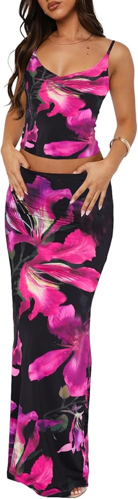 Two Piece Skirt Set for Women - Sexy 2 Pc Sleeveless Spaghetti Strap Pleated Tank Top Maxi Long S... | Amazon (US)