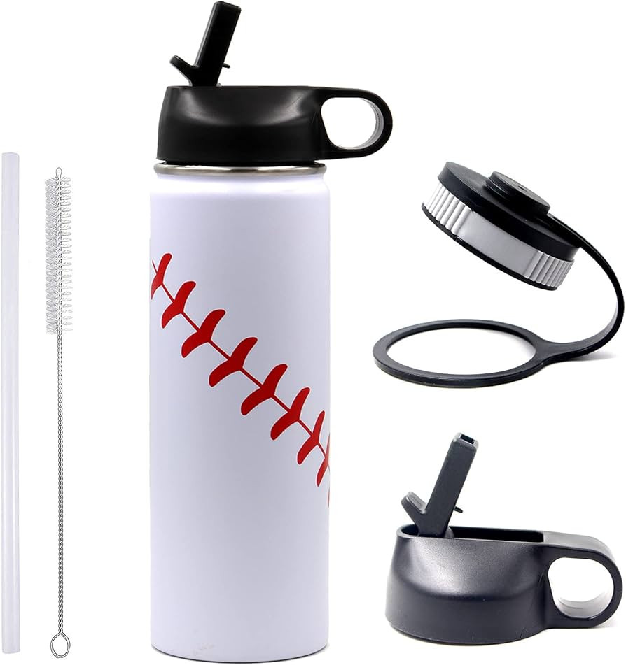22 oz Baseball Water Bottle, Flask Sports with 2 Lids Double Wall Vacuum Insulated Stainless Stee... | Amazon (US)