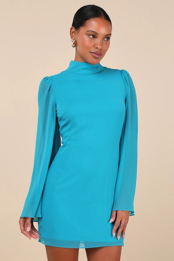 Guaranteed Chicness Teal Blue Mock Neck Mini Dress | Blue Mini Dress | Dusty Blue Dress | Lulus