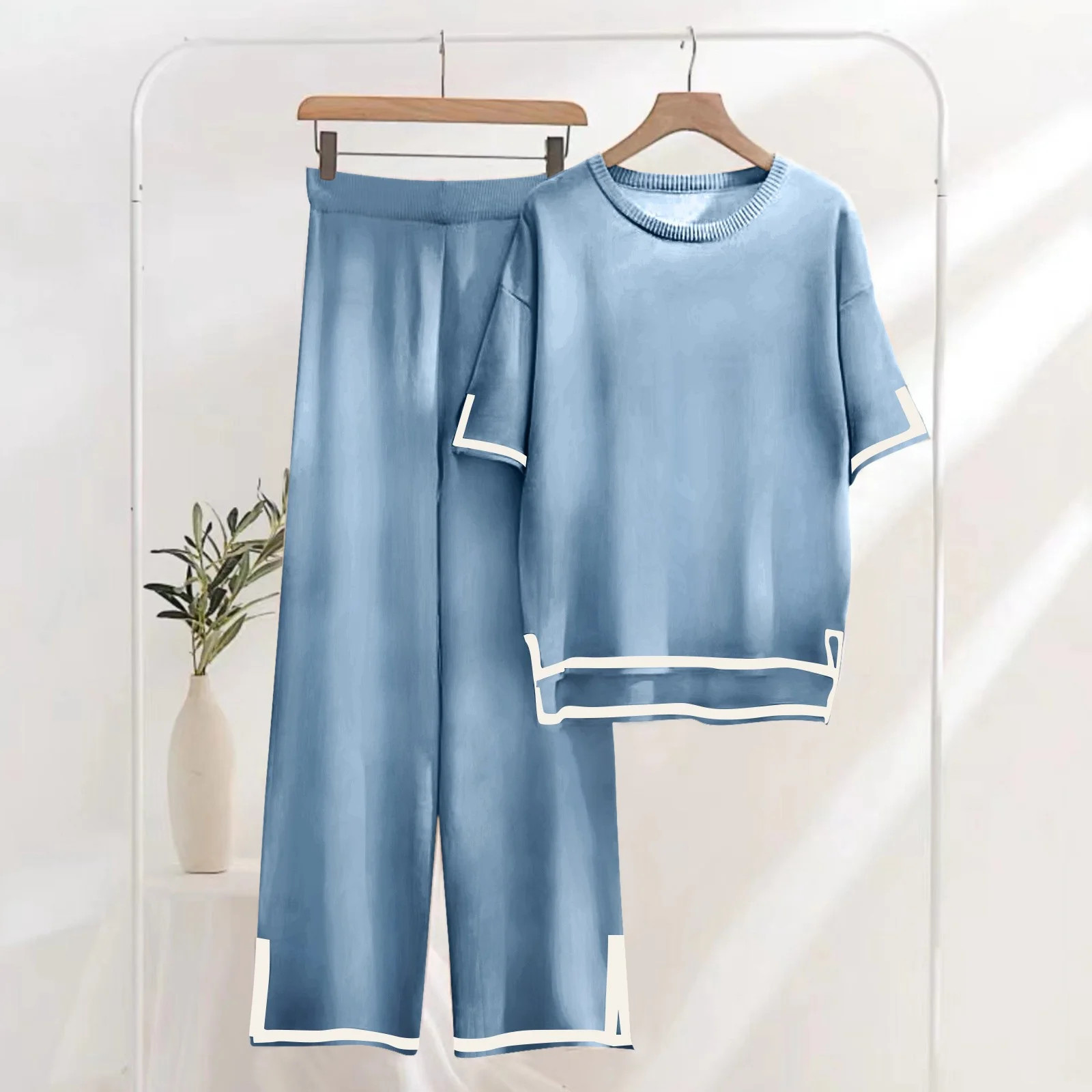 SKSloeg Sweater Sets Women 2 Piece Lounge Sets Short Sleeve Knit Pullover Tops Wide Leg Pants Roy... | Walmart (US)