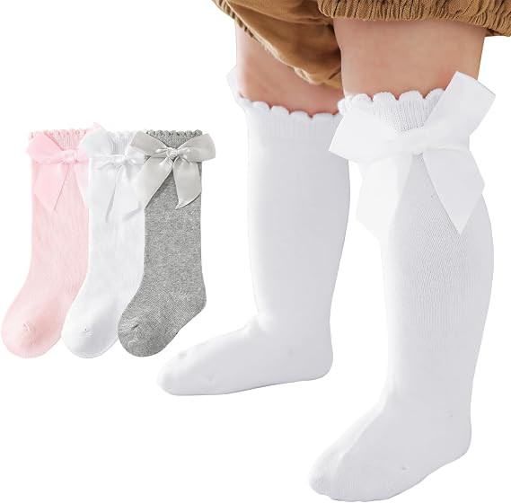Baby Knee High Socks Newborn Cotton Ruffle Bow Socks Infant Long Sock Toddler Girls Uniform Stock... | Amazon (US)