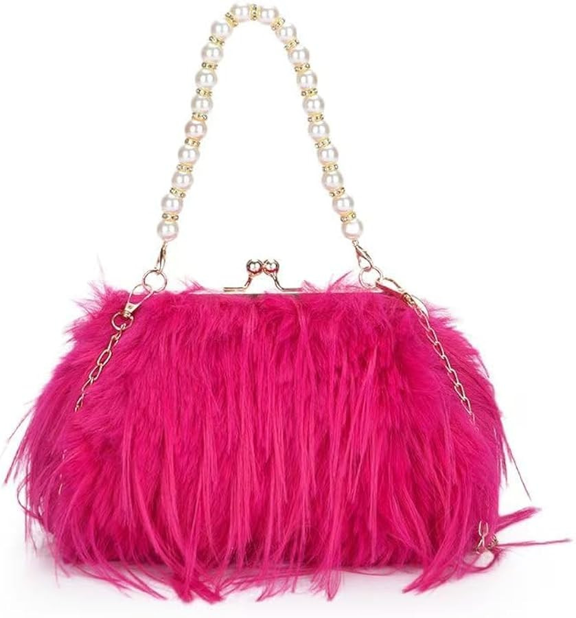 Women Pearl Ostrich Feather Tote Bag Fluffy Purse Clutch Feather Evening Handbag for Wedding Part... | Amazon (US)