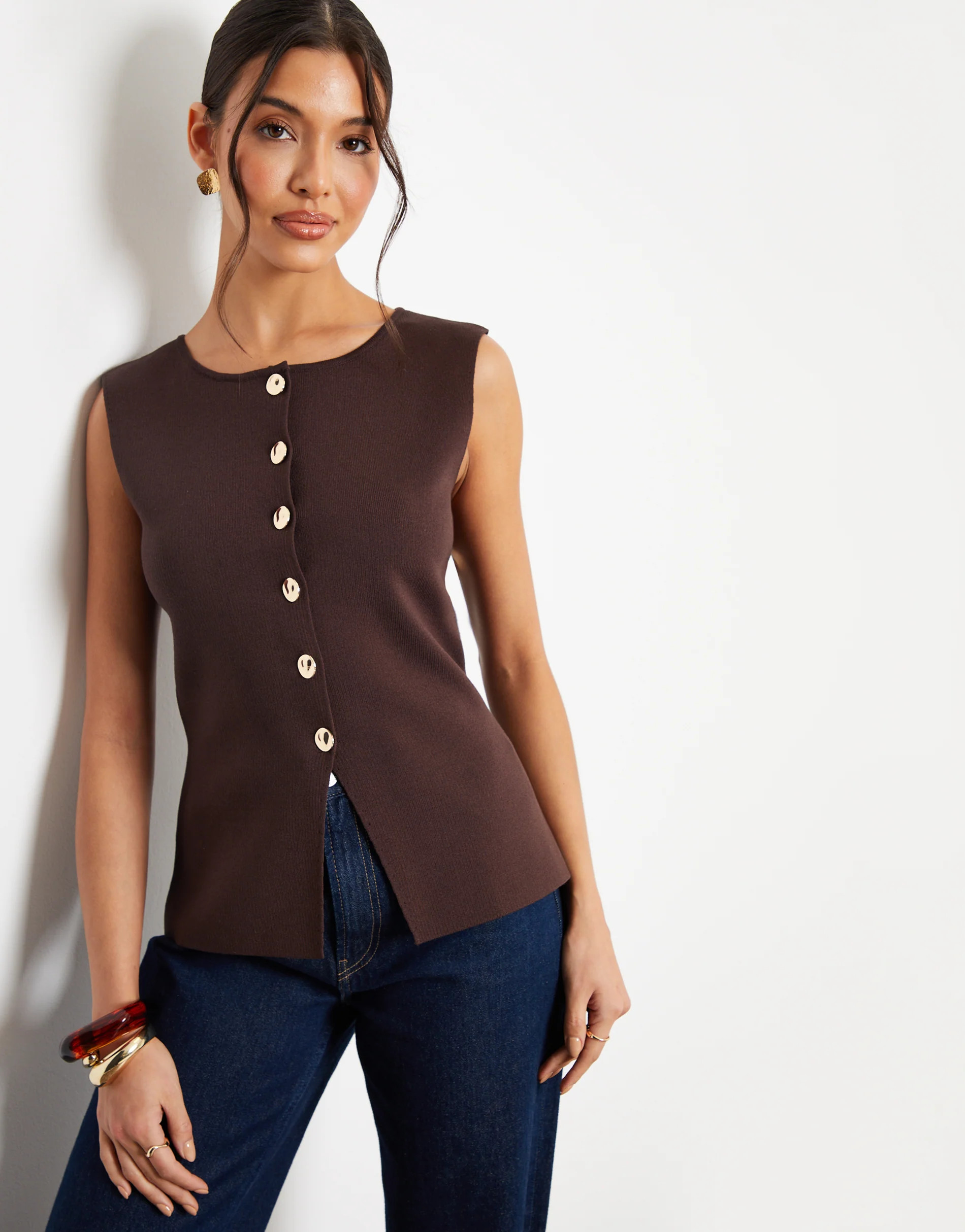 Chocolate Brown Ribbed Knitted Waistcoat | Threadbare